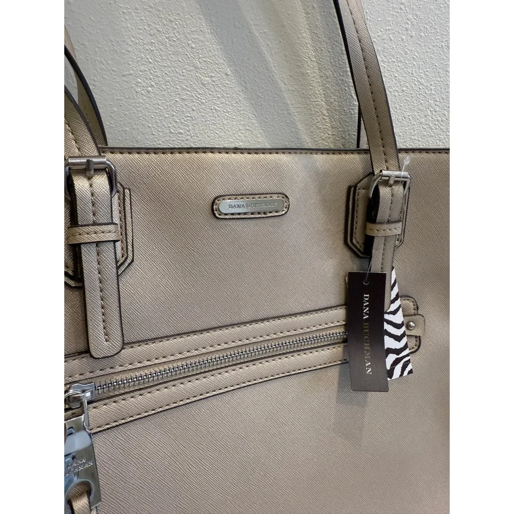 Dana‎ Buchman Metallic Champagne Gold Saffiano Tote Bag Zebra Print Lining NWT